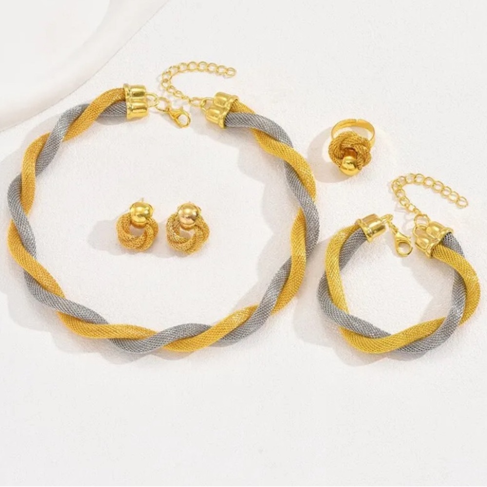 4 Pcs Vintage Twisted Mesh Chain Jewelry Set Copper Metal Adjustable